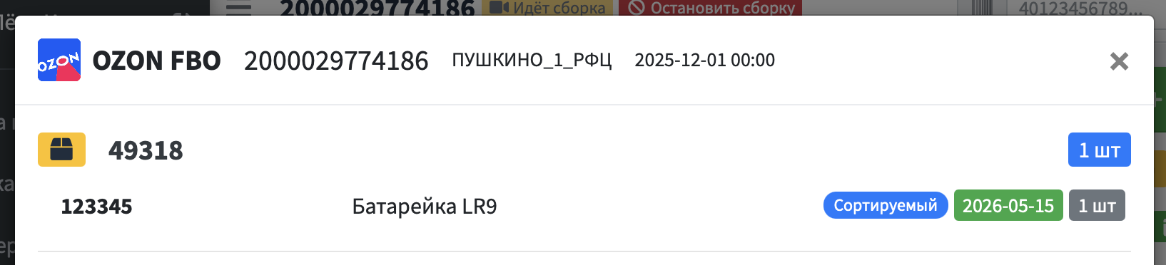 Пример информации о грузовых местах